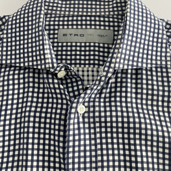 Etro Men's Navy White Check Shirt 41 Slim Fit Made in Italy - Picture 2 of 4
